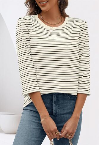 MEROKEETY Women's 2025 Casual 3/4 Sleeve Tops Blouse Crewneck Colorful Striped Fall Loose Shirt in Saudi Arabia