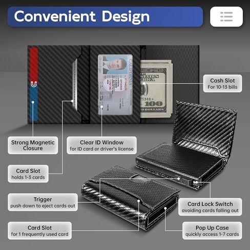Wallet for Men, Slim Minimalist Mens Wallet for RFID Blocking, Front Pocket Credit Card Holder Wallets with ID Window, Smart Pop Up Metal Aluminum Case Gift for Men, Carbon Fiber Black in Kuwait