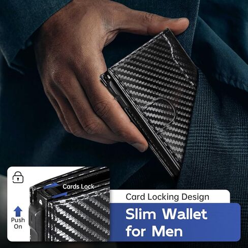Wallet for Men, Slim Minimalist Mens Wallet for RFID Blocking, Front Pocket Credit Card Holder Wallets with ID Window, Smart Pop Up Metal Aluminum Case Gift for Men, Carbon Fiber Black in Kuwait