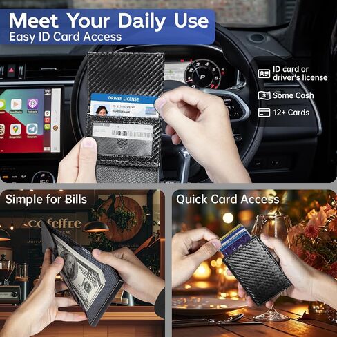 Wallet for Men, Slim Minimalist Mens Wallet for RFID Blocking, Front Pocket Credit Card Holder Wallets with ID Window, Smart Pop Up Metal Aluminum Case Gift for Men, Carbon Fiber Black in Kuwait