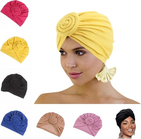 6 Pieces African Turban Flower Knot Headwrap Pre Tied Bonnet Beanie Cap Hair Loss Wrap Headband Tie for Women Girls Multi in Saudi Arabia