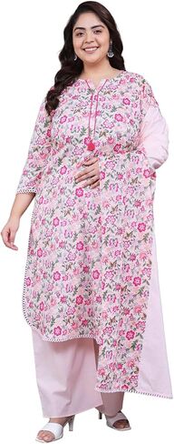 Tissu Women's Plus Size Pink Floral Printed Pure Cotton Kurta & Palazzo With Dupatta in Kuwait
