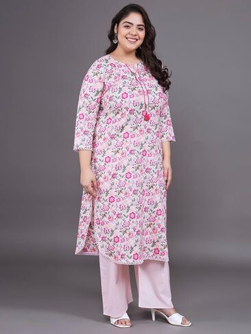 Tissu Women's Plus Size Pink Floral Printed Pure Cotton Kurta & Palazzo With Dupatta in Kuwait