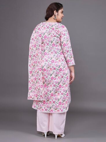 Tissu Women's Plus Size Pink Floral Printed Pure Cotton Kurta & Palazzo With Dupatta in Kuwait