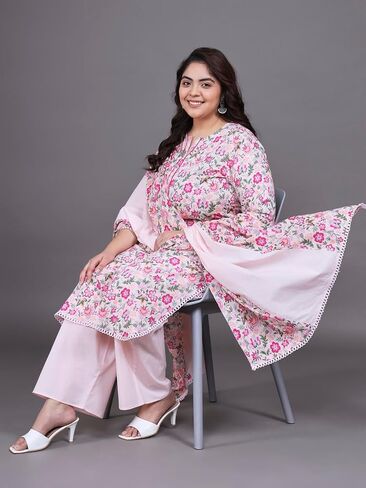 Tissu Women's Plus Size Pink Floral Printed Pure Cotton Kurta & Palazzo With Dupatta in Kuwait