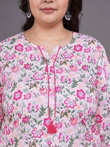 Tissu Women's Plus Size Pink Floral Printed Pure Cotton Kurta & Palazzo With Dupatta in Kuwait