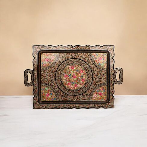 Premium Handpainted Sustainable Papier Mache Decorative Serving Tray, 21.2 x 17.7 inches, Traditional Floral Pattern, Handmade by Artisans (Gold, Rectangular 20x13) in Saudi Arabia