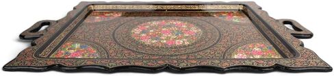 Premium Handpainted Sustainable Papier Mache Decorative Serving Tray, 21.2 x 17.7 inches, Traditional Floral Pattern, Handmade by Artisans (Gold, Rectangular 20x13) in Saudi Arabia