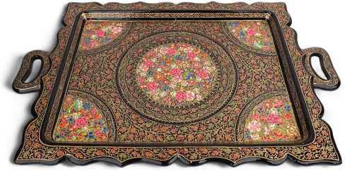 Premium Handpainted Sustainable Papier Mache Decorative Serving Tray, 21.2 x 17.7 inches, Traditional Floral Pattern, Handmade by Artisans (Gold, Rectangular 20x13) in Saudi Arabia