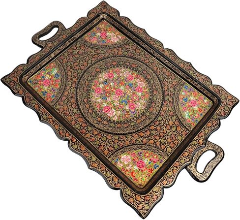 Premium Handpainted Sustainable Papier Mache Decorative Serving Tray, 21.2 x 17.7 inches, Traditional Floral Pattern, Handmade by Artisans (Gold, Rectangular 20x13) in Saudi Arabia