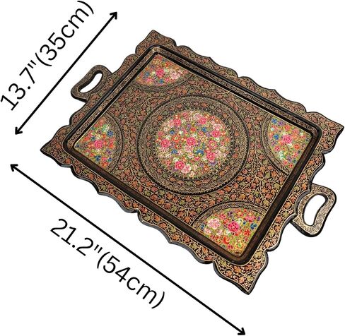Premium Handpainted Sustainable Papier Mache Decorative Serving Tray, 21.2 x 17.7 inches, Traditional Floral Pattern, Handmade by Artisans (Gold, Rectangular 20x13) in Saudi Arabia