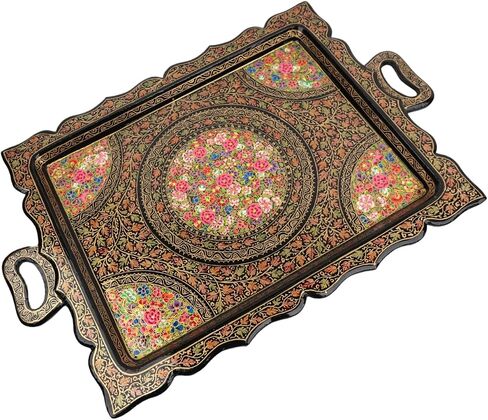 Premium Handpainted Sustainable Papier Mache Decorative Serving Tray, 21.2 x 17.7 inches, Traditional Floral Pattern, Handmade by Artisans (Gold, Rectangular 20x13) in Saudi Arabia