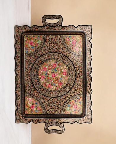 Premium Handpainted Sustainable Papier Mache Decorative Serving Tray, 21.2 x 17.7 inches, Traditional Floral Pattern, Handmade by Artisans (Gold, Rectangular 20x13) in Saudi Arabia