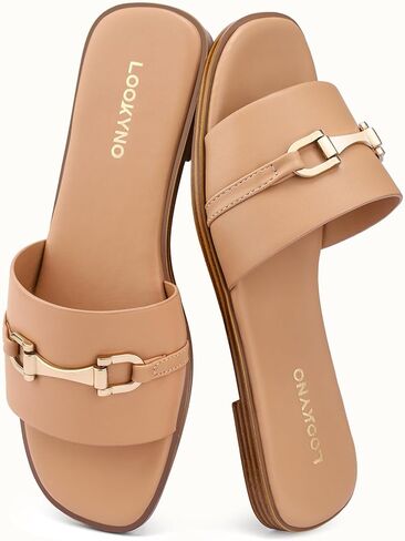 Womens Flat Sandals Dressy Square Open Toe Summer Slides Sandals Slip on Comfortable Leather Sandals for Women in Kuwait