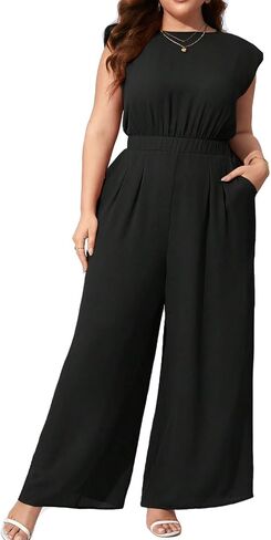 Red Dot Boutique 708 - زائد حجم مستدير الخزان الخزان الكتف مبطّن بلا أكمام بنطال عريض الساق بذلة مع جيوب in Saudi Arabia