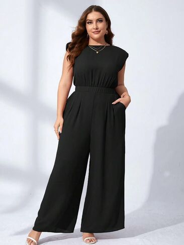 Red Dot Boutique 708 - زائد حجم مستدير الخزان الخزان الكتف مبطّن بلا أكمام بنطال عريض الساق بذلة مع جيوب in Saudi Arabia