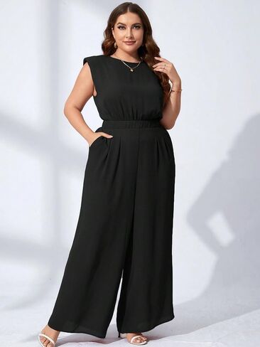 Red Dot Boutique 708 - زائد حجم مستدير الخزان الخزان الكتف مبطّن بلا أكمام بنطال عريض الساق بذلة مع جيوب in Saudi Arabia