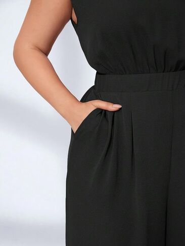 Red Dot Boutique 708 - زائد حجم مستدير الخزان الخزان الكتف مبطّن بلا أكمام بنطال عريض الساق بذلة مع جيوب in Saudi Arabia
