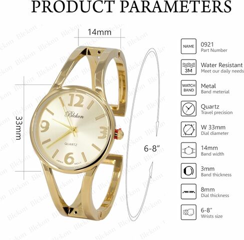 Blekon Collections Women's Elegant Analog Quartz Watch - 33mm Case, Casual Metal Cuff Bangle Design, Adjustable Fit for 7-8 Inch Wrist Size in Kuwait