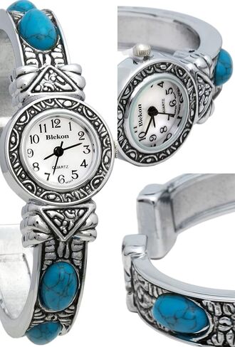 Blekon Stone Studded Watch for Women, 22mm Case Japanese Quartz Movement and Large Cuff Bangle, Best Fits Wrists Measuring 7-8 inches in Kuwait