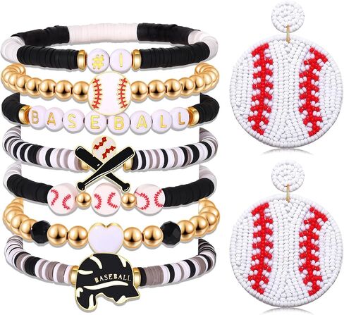Baseball Bracelets Earrings for Women Stackable Preppy Beaded Heishi Bracelets Beaded Dangle Earrings Game Day Sports Baseball Mom Jewelry Accessories Party Favors in Kuwait