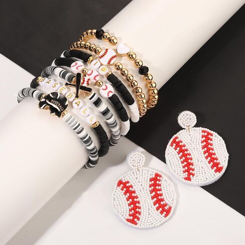 Baseball Bracelets Earrings for Women Stackable Preppy Beaded Heishi Bracelets Beaded Dangle Earrings Game Day Sports Baseball Mom Jewelry Accessories Party Favors in Kuwait