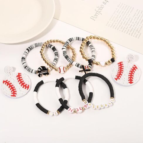 Baseball Bracelets Earrings for Women Stackable Preppy Beaded Heishi Bracelets Beaded Dangle Earrings Game Day Sports Baseball Mom Jewelry Accessories Party Favors in Kuwait