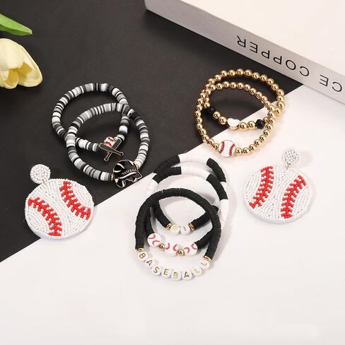 Baseball Bracelets Earrings for Women Stackable Preppy Beaded Heishi Bracelets Beaded Dangle Earrings Game Day Sports Baseball Mom Jewelry Accessories Party Favors in Kuwait