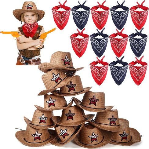 Tarpop 12 Sets Kids Cowboy Western Hat with Bandana Toddler Wide Brim Western Cowboy Cowgirl Hat for Western Dress up Costume Headwear, Cowgirl Pretend Plays Birthday Summer Party Favors Supplies in Saudi Arabia