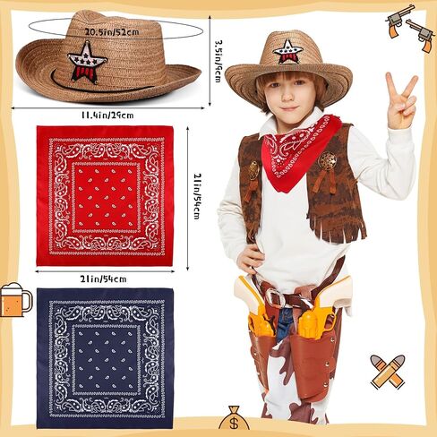 Tarpop 12 Sets Kids Cowboy Western Hat with Bandana Toddler Wide Brim Western Cowboy Cowgirl Hat for Western Dress up Costume Headwear, Cowgirl Pretend Plays Birthday Summer Party Favors Supplies in Saudi Arabia