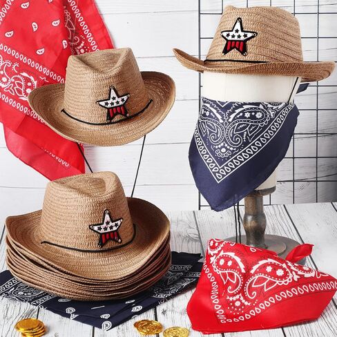 Tarpop 12 Sets Kids Cowboy Western Hat with Bandana Toddler Wide Brim Western Cowboy Cowgirl Hat for Western Dress up Costume Headwear, Cowgirl Pretend Plays Birthday Summer Party Favors Supplies in Saudi Arabia