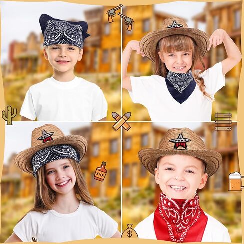 Tarpop 12 Sets Kids Cowboy Western Hat with Bandana Toddler Wide Brim Western Cowboy Cowgirl Hat for Western Dress up Costume Headwear, Cowgirl Pretend Plays Birthday Summer Party Favors Supplies in Saudi Arabia