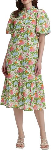 Summer Floral Midi Dress for Women Puff Short Sleeve Button Down V Neck Pretty Garden Boho Dresses in Saudi Arabia