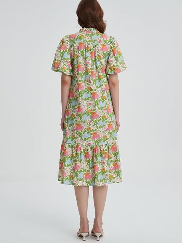 Summer Floral Midi Dress for Women Puff Short Sleeve Button Down V Neck Pretty Garden Boho Dresses in Saudi Arabia
