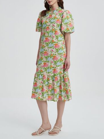 Summer Floral Midi Dress for Women Puff Short Sleeve Button Down V Neck Pretty Garden Boho Dresses in Saudi Arabia