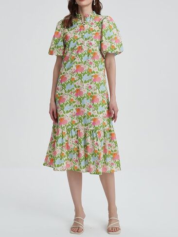 Summer Floral Midi Dress for Women Puff Short Sleeve Button Down V Neck Pretty Garden Boho Dresses in Saudi Arabia