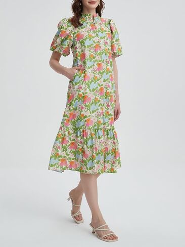 Summer Floral Midi Dress for Women Puff Short Sleeve Button Down V Neck Pretty Garden Boho Dresses in Saudi Arabia