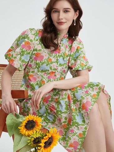 Summer Floral Midi Dress for Women Puff Short Sleeve Button Down V Neck Pretty Garden Boho Dresses in Saudi Arabia
