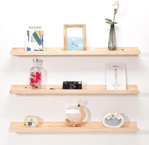 24 Inch Natural Pine Wood Floating Shelves for Bedroom, Wide Picture Ledge Set of 2, Wall Mount Unfinished Shelf Can be Stained Nursery Book Shelves for Kids Bedroom Living Room Bathroom Kitchen in Saudi Arabia
