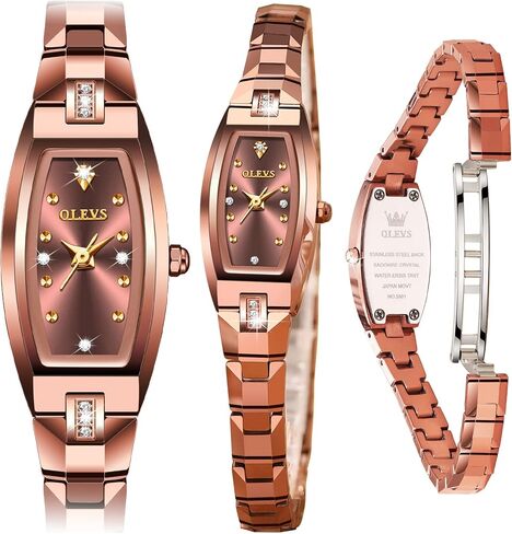 OLEVS Slim Thin Watch for Women, Rose Gold Tungsten Steel Band, Tonneau Design, Square Shape Small Face Diamond Quartz Ladies Watch, 3ATM Waterproof Wristwatch Women for Gift in Saudi Arabia