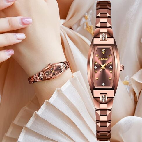 OLEVS Slim Thin Watch for Women, Rose Gold Tungsten Steel Band, Tonneau Design, Square Shape Small Face Diamond Quartz Ladies Watch, 3ATM Waterproof Wristwatch Women for Gift in Saudi Arabia