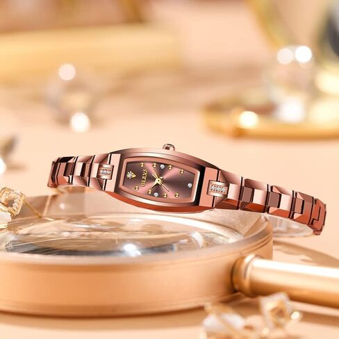 OLEVS Slim Thin Watch for Women, Rose Gold Tungsten Steel Band, Tonneau Design, Square Shape Small Face Diamond Quartz Ladies Watch, 3ATM Waterproof Wristwatch Women for Gift in Saudi Arabia