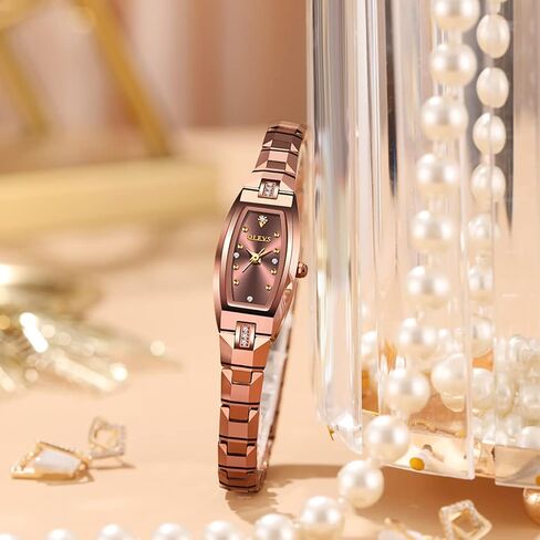 OLEVS Slim Thin Watch for Women, Rose Gold Tungsten Steel Band, Tonneau Design, Square Shape Small Face Diamond Quartz Ladies Watch, 3ATM Waterproof Wristwatch Women for Gift in Saudi Arabia