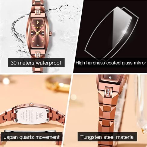 OLEVS Slim Thin Watch for Women, Rose Gold Tungsten Steel Band, Tonneau Design, Square Shape Small Face Diamond Quartz Ladies Watch, 3ATM Waterproof Wristwatch Women for Gift in Saudi Arabia