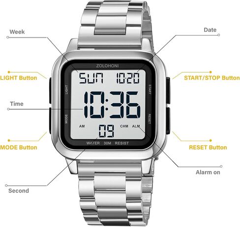 Men’s Digital Watch for Men, Stainless Steel Square Watches, Mens Wrist Watches Waterproof Large Face Dual Time Date Watch in Kuwait