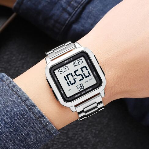 Men’s Digital Watch for Men, Stainless Steel Square Watches, Mens Wrist Watches Waterproof Large Face Dual Time Date Watch in Kuwait