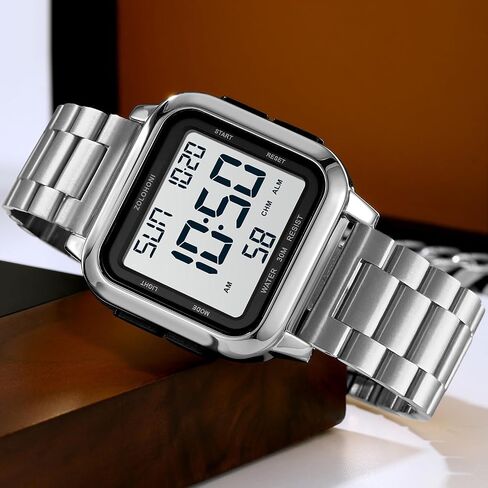 Men’s Digital Watch for Men, Stainless Steel Square Watches, Mens Wrist Watches Waterproof Large Face Dual Time Date Watch in Kuwait