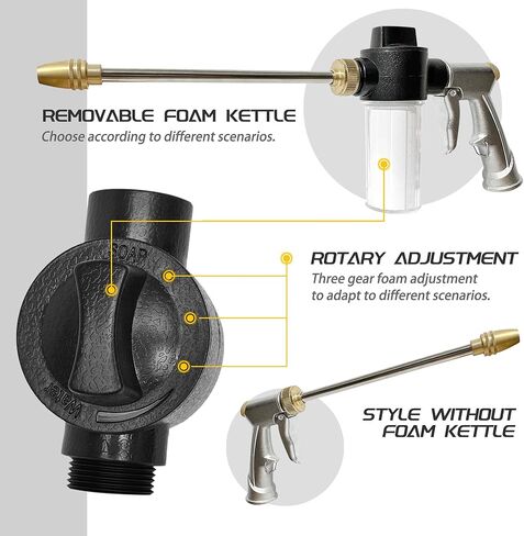 فوهة خرطوم حديقة معدنية شديدة التحمل مع زجاجة موزع صابون بلاستيكية سعة 100 سم مكعب/3.5 أونصة، رشاش غسيل سيارات بمسدس رغوي عالي الضغط + منشفة غسيل، للبستنة ونباتات الري وتنظيف الأرضيات in Kuwait