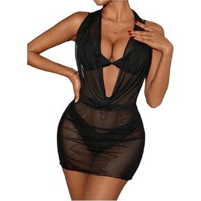 OYOANGLE Women's Sheer Mesh Halter Swimsuit Cover Up Dress Draped Front Backless Ruched Bathing Suit Coverups in Saudi Arabia