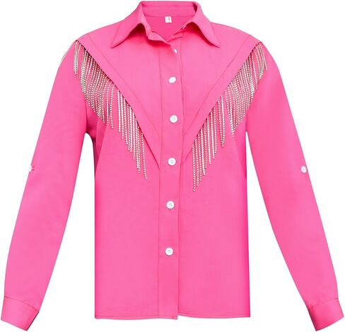 Women's Fringe Trim Shirts Long Sleeve Button Down Rhinestone Top Sparkly Shirt Blouse Cowgirl Western Country Concert Outfit in Saudi Arabia